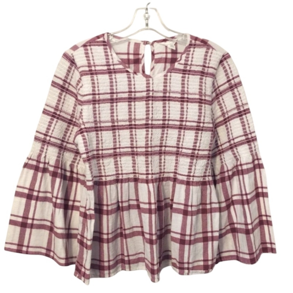 Caslon Womans Red White Plaid Long Sleeve Smocked Cropped Peasant Top Blouse M